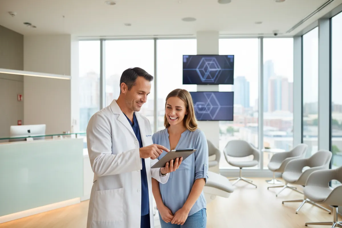 Odontólogo revisando agenda digital con paciente sonriente, clínica moderna, ambiente luminoso, tecnología visible