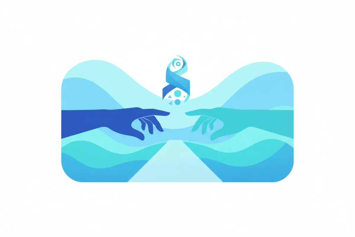 A stylized illustration of a hand reaching out to another hand across a bright, abstract background, symbolizing connection and support.