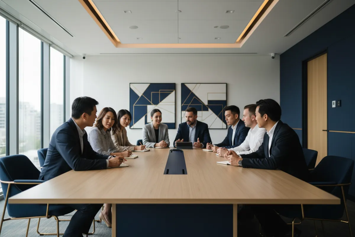 Diverse corporate team collaborating effectively around a table