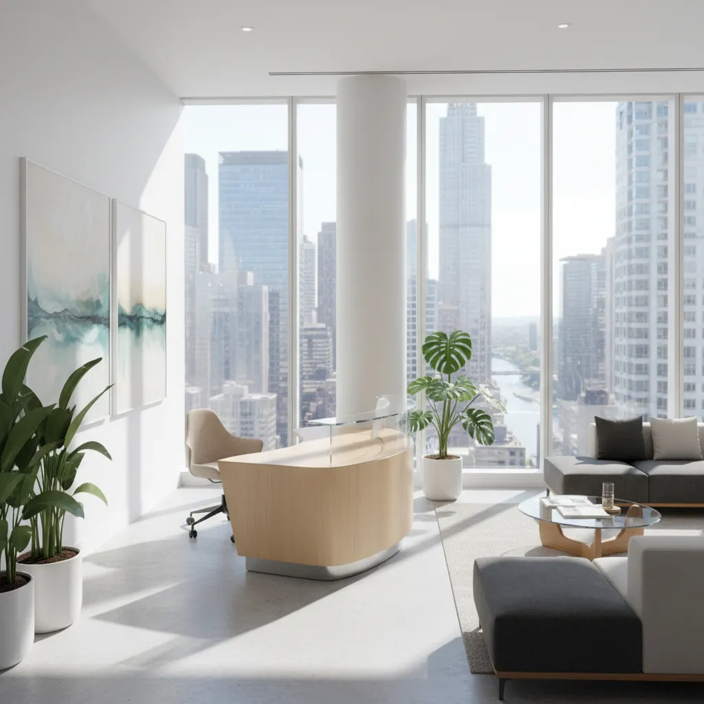 A modern, sunlit office reception area with a welcoming desk, indoor plants, and a cityscape visible through large windows. The space is clean, professional, and inviting, reflecting approachability and trust.
