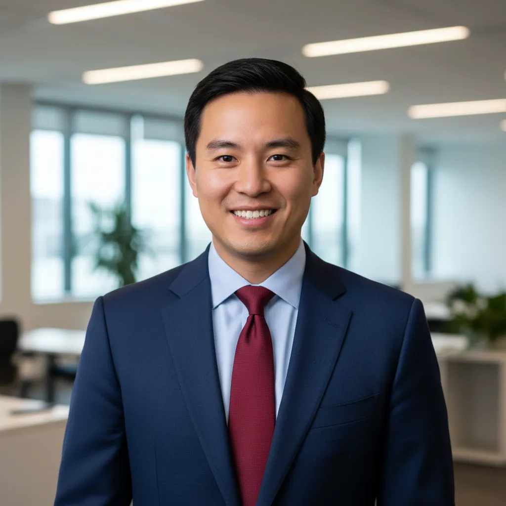 Portrait of Alex Chen, an Asian-American financial advisor in a navy suit, smiling confidently against a blurred office background.