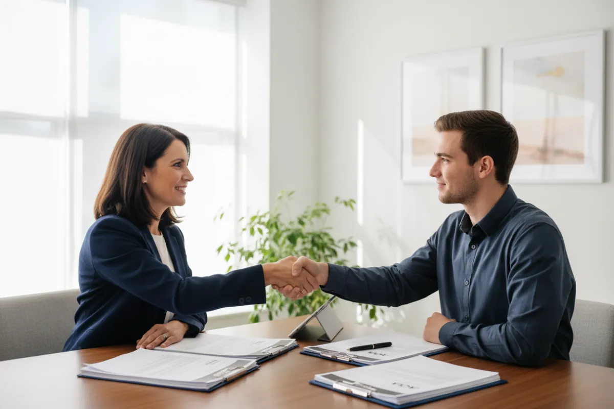 Advisor shaking hands with a young adult, paperwork on table, bright office, 3:2 aspect ratio