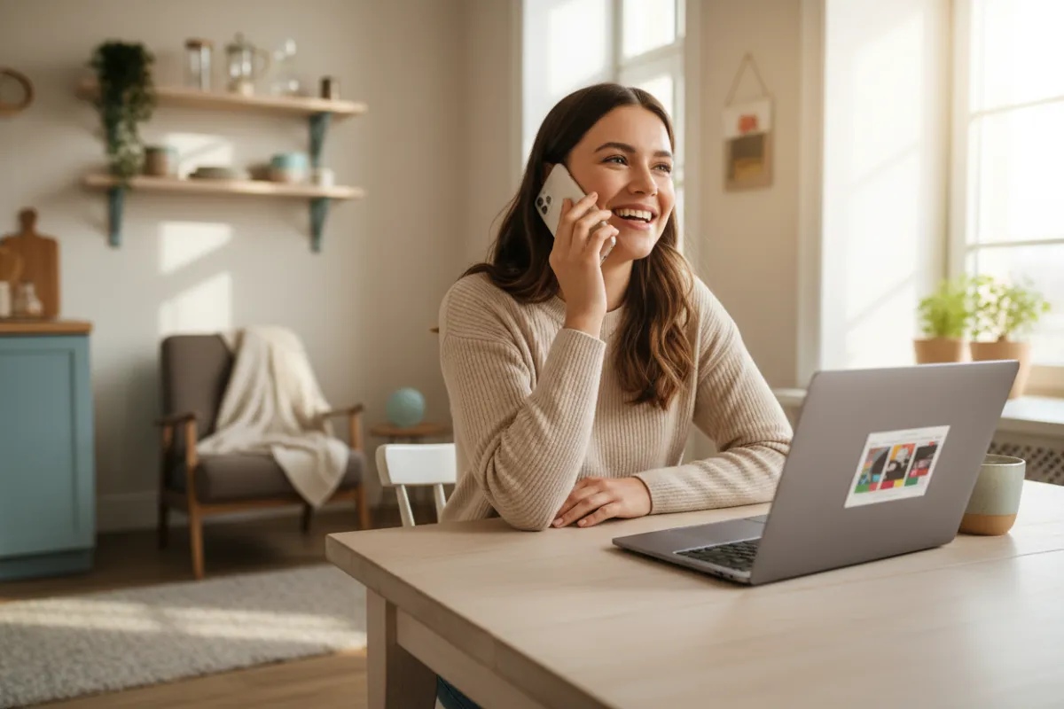 Young woman on phone with advisor, laptop open, home setting, 3:2 aspect ratio