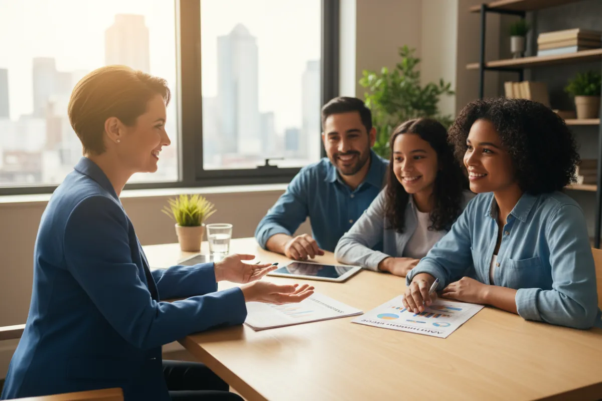 Smiling advisor helping a diverse family enroll in ACA health insurance, modern office, bright, welcoming, 3:2 aspect ratio