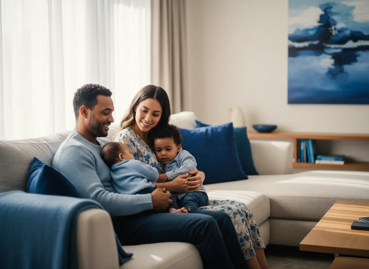 Smiling family sitting together on a couch feeling protected by life insurance