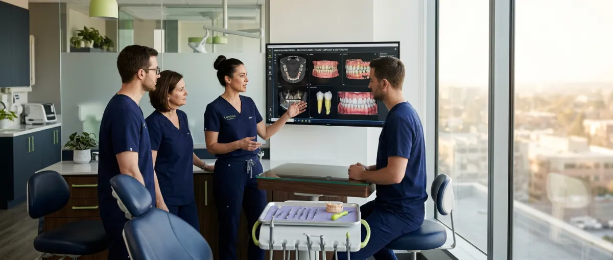 Clinical specialists collaborating on full mouth digital smile rehabilitation case planning in Romania