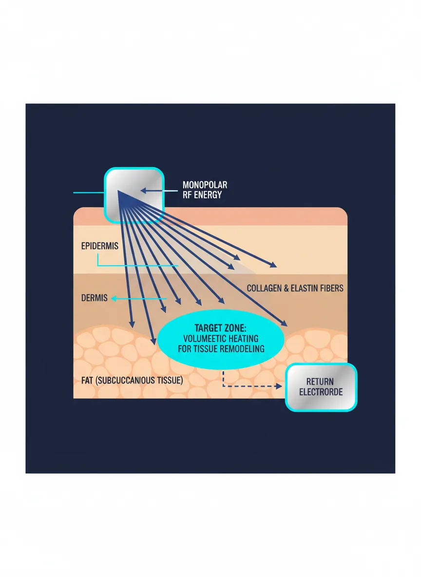 Technical diagram showing monopolar RF energy delivery and tissue layers