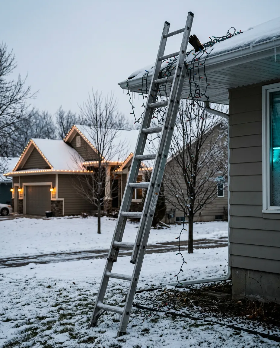 Precarious metal ladder set on snow-covered slippery lawn leaning against high roof eave with tangled holiday cords