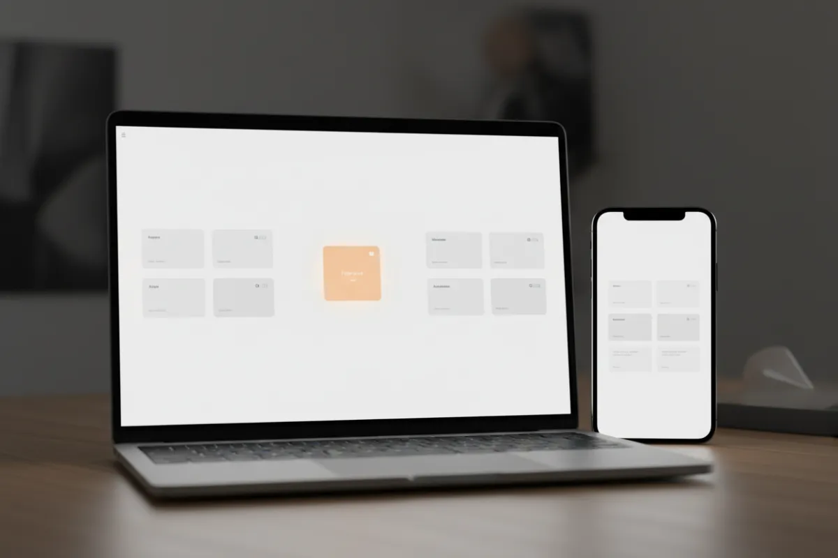 Mockup del tablero principal de ZENTRAR en laptop y móvil con interfaz minimalista de fondo claro.
