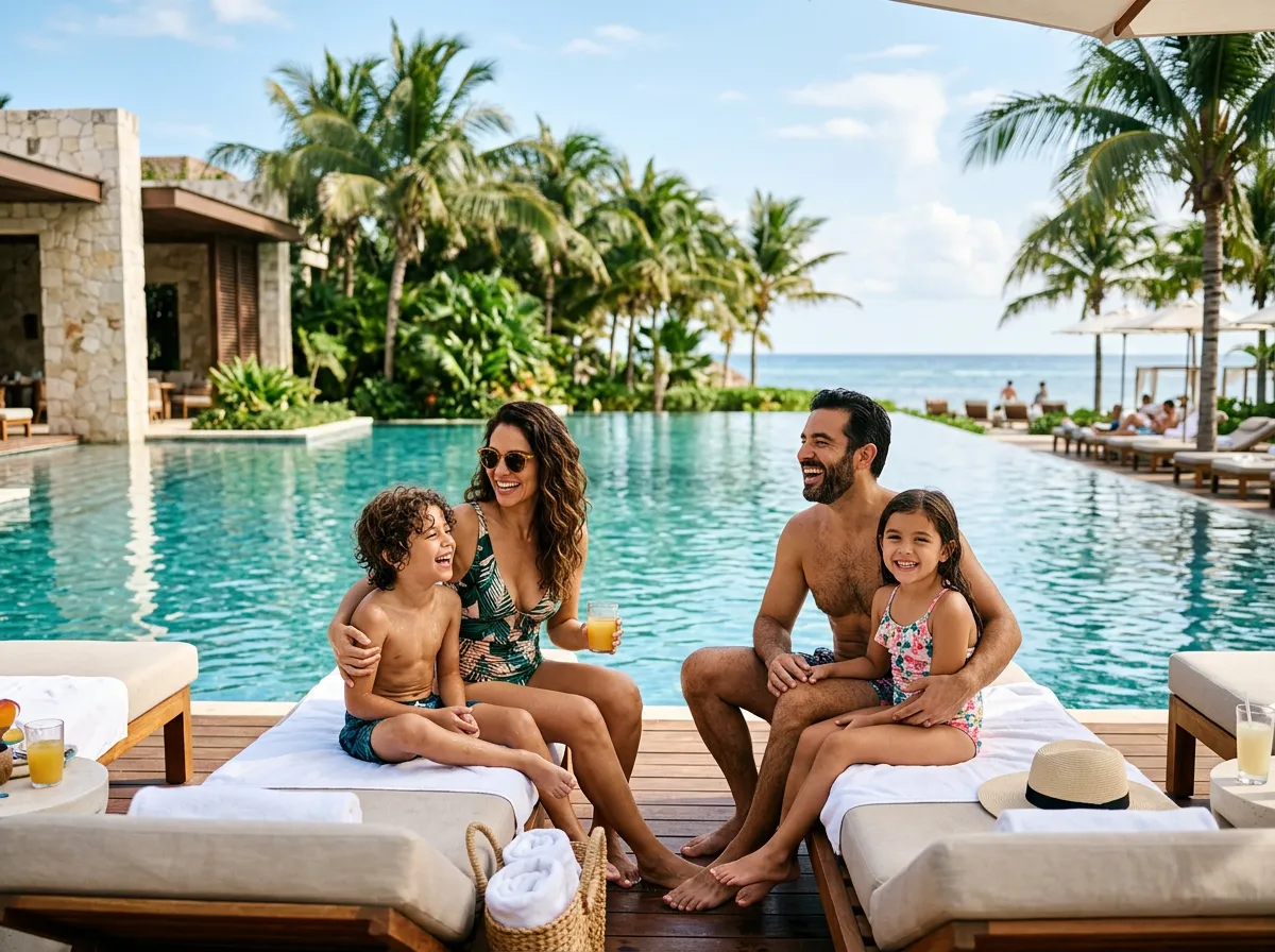 Familia latina feliz con dos niños disfrutando unas vacaciones de lujo en un resort exclusivo, con piscina y palmeras tropicales al fondo