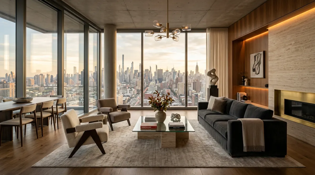 Sala de estar de un penthouse residencial de lujo, con ventanales de piso a techo y vista al skyline de la ciudad con luz natural cálida.