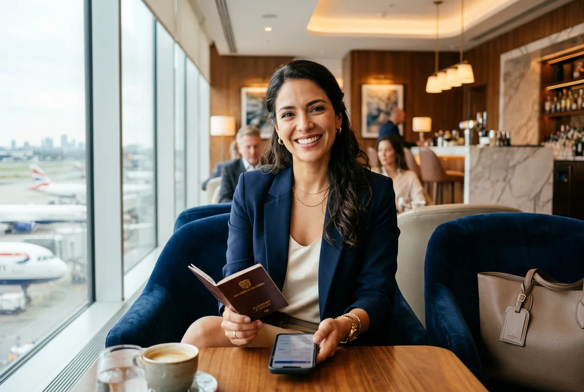 Mujer latina elegante sonriendo en un lounge de lujo en el aeropuerto, con pasaporte y smartphone.