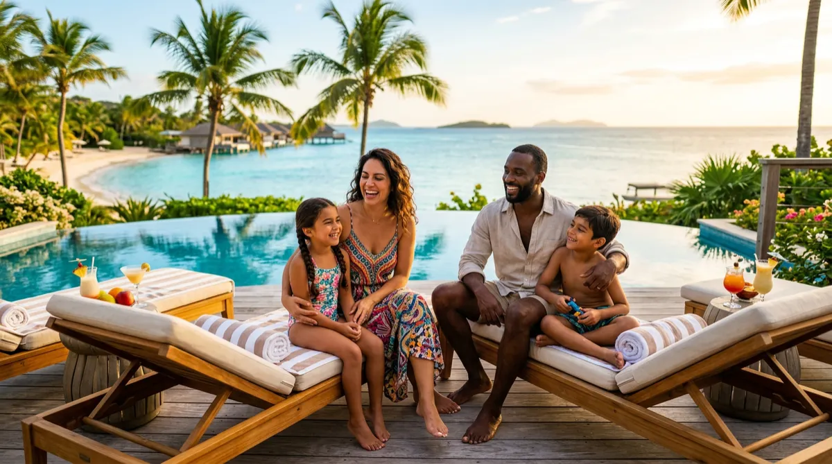 Familia latina feliz con niños relajándose en la terraza privada de un resort de lujo en el Caribe, con océano turquesa e infinity pool.