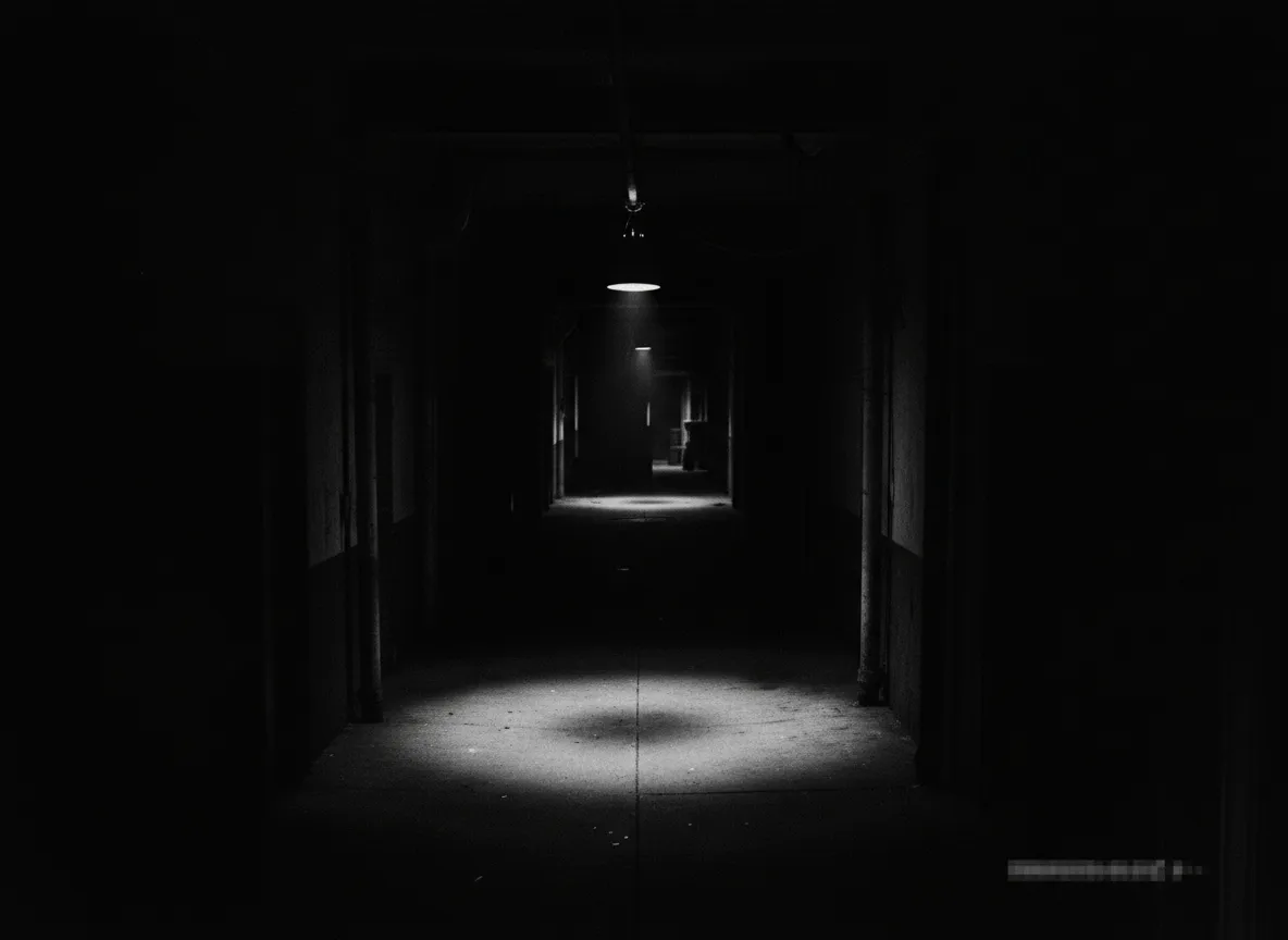 Static CCTV frame of alleyway with deep shadows.