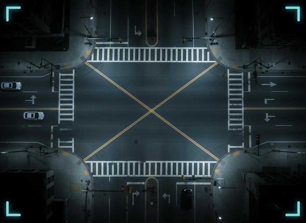 High-angle shot of empty intersection under surveillance.