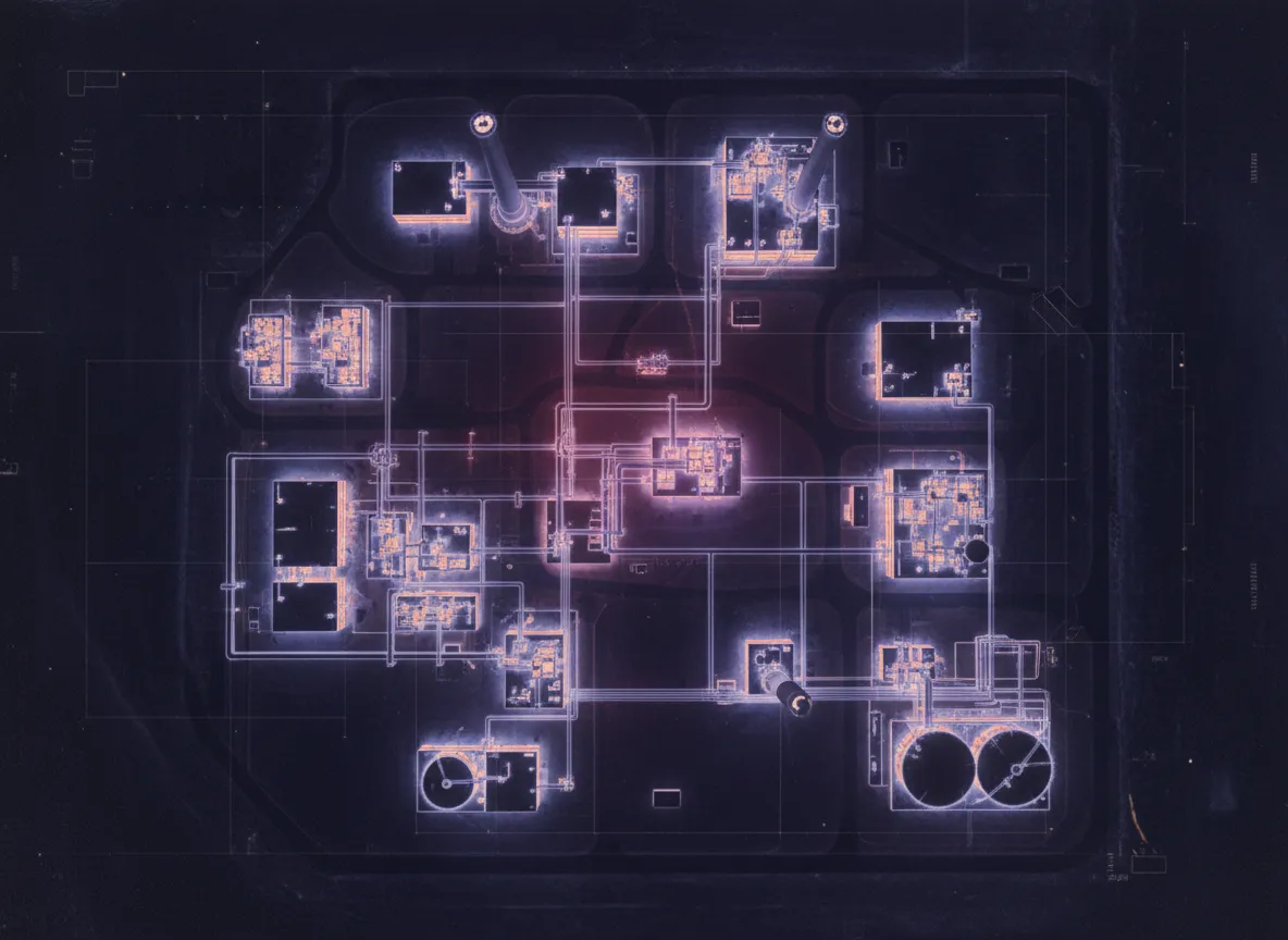 Infrared-style overhead shot of industrial complex.