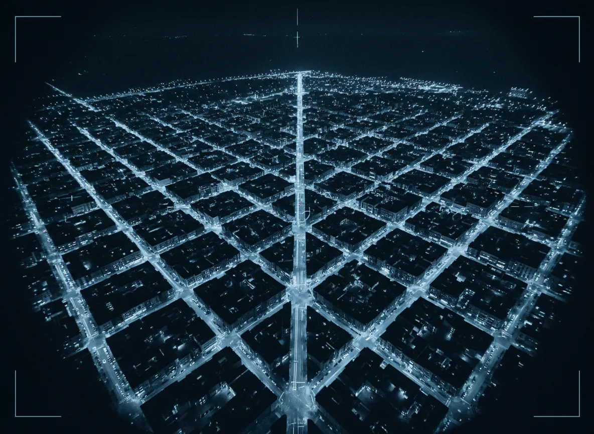 Aerial surveillance of city grid at night, high contrast lights.