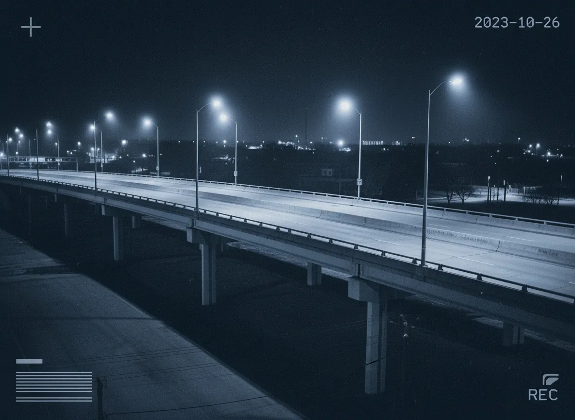 Surveillance still of urban overpass, high contrast monochrome.
