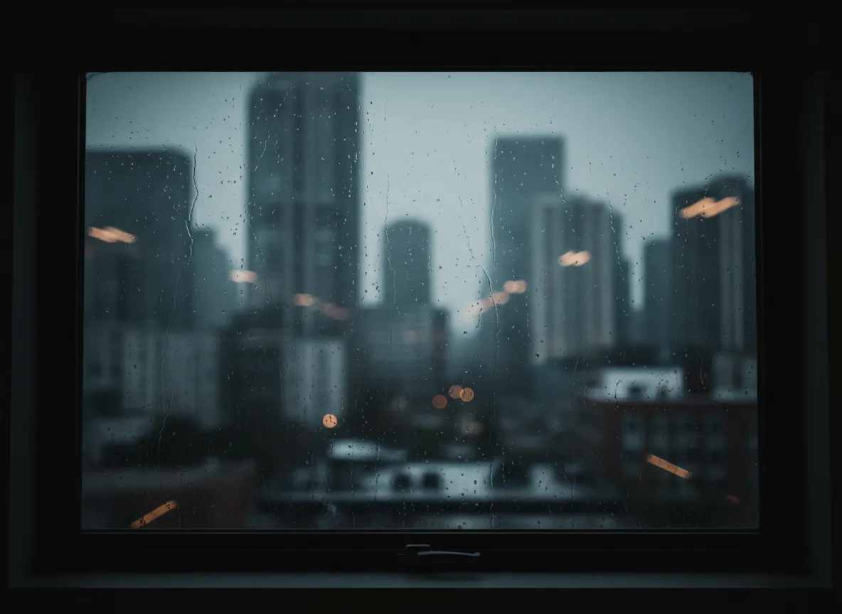 Distant city skyline through rain-streaked glass, muted tones.