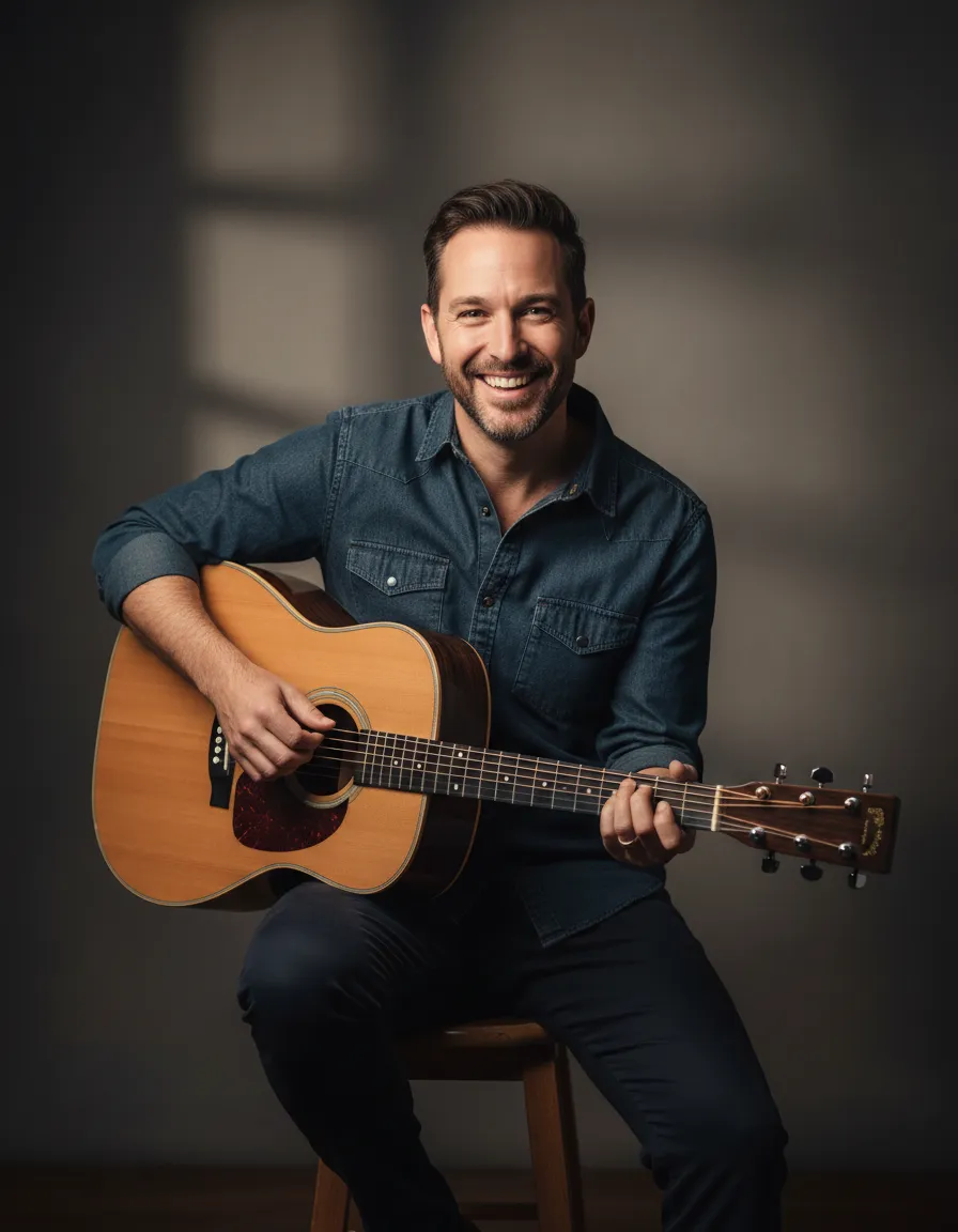 Bucket List Guitar coach smiling with an acoustic guitar