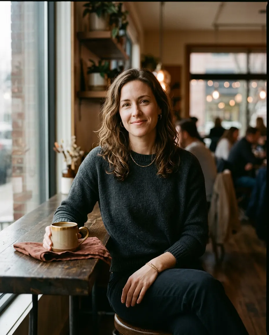 A relaxed, empowered woman radiating calm confidence and self-assurance in warm natural light