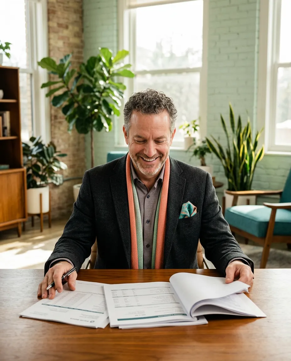 Friendly professional in a modern, bright Austin office environment managing client accounts with a smile