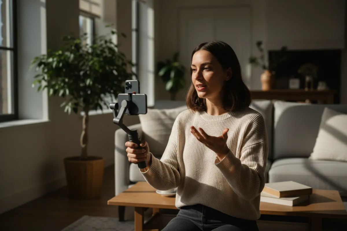 Agent-led content production — content creator recording real-estate tips in a bright living room