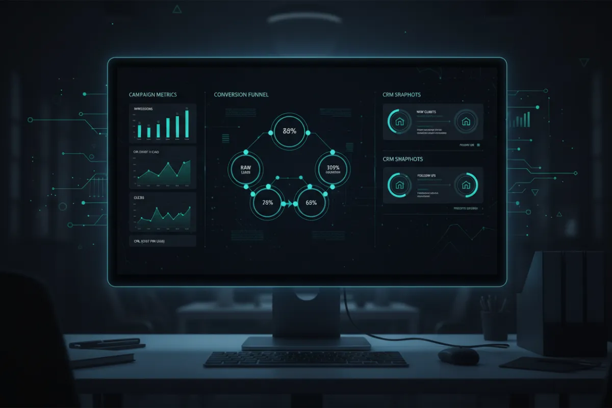 Lead gen dashboard view — campaign metrics, conversion funnels and CRM snapshots for real estate