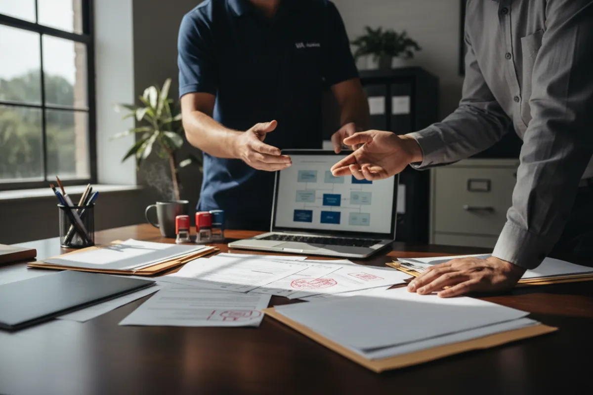 Two VA team members collaborating on disposition tasks — desk view with documents and a laptop