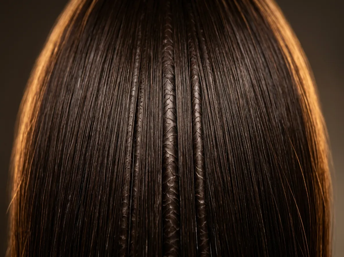 Macro view of virgin cuticle-aligned hair showing reflective shine and intact healthy texture