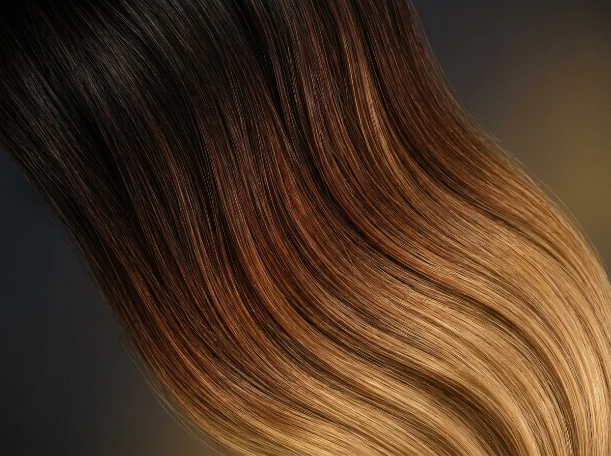 Close up swatch of multi-tonal custom color blending extensions seamlessly matching natural hair highlights