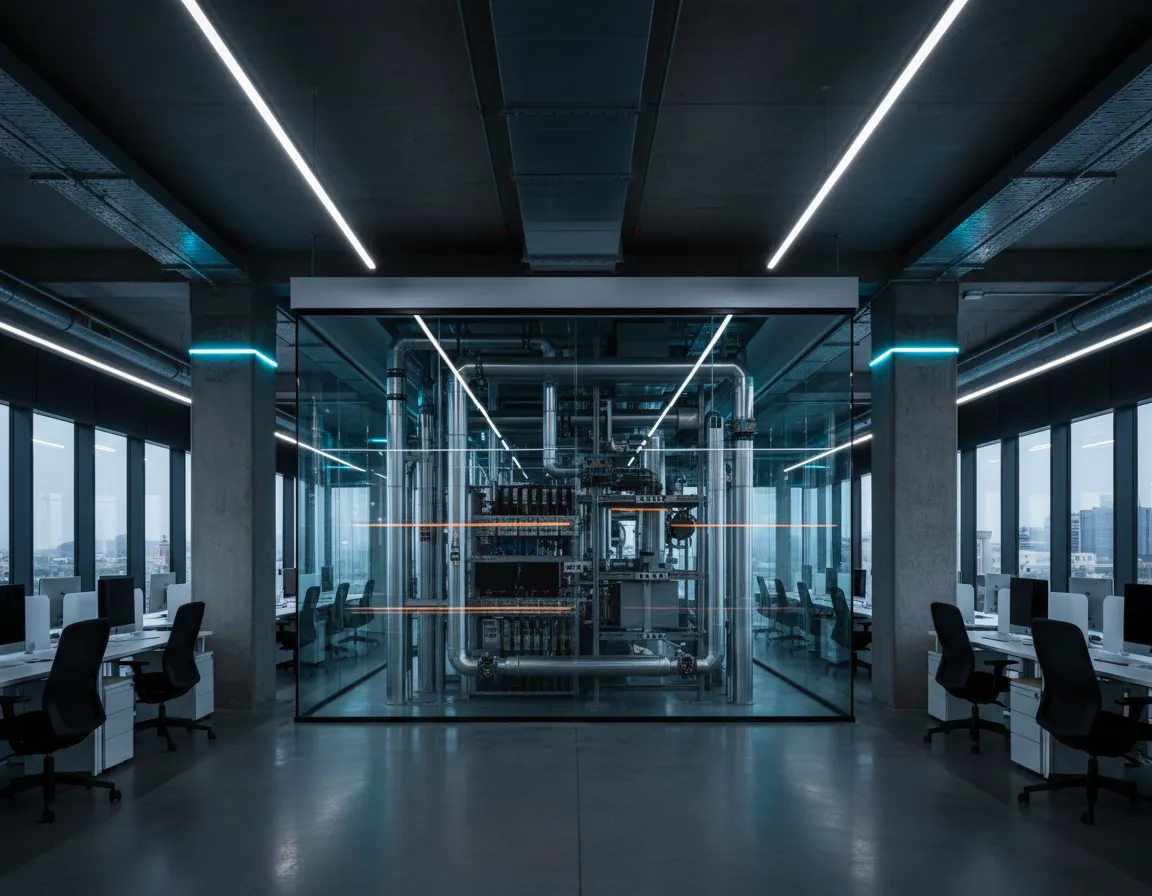 Modern corporate office mechanical room indicating commercial scale capability