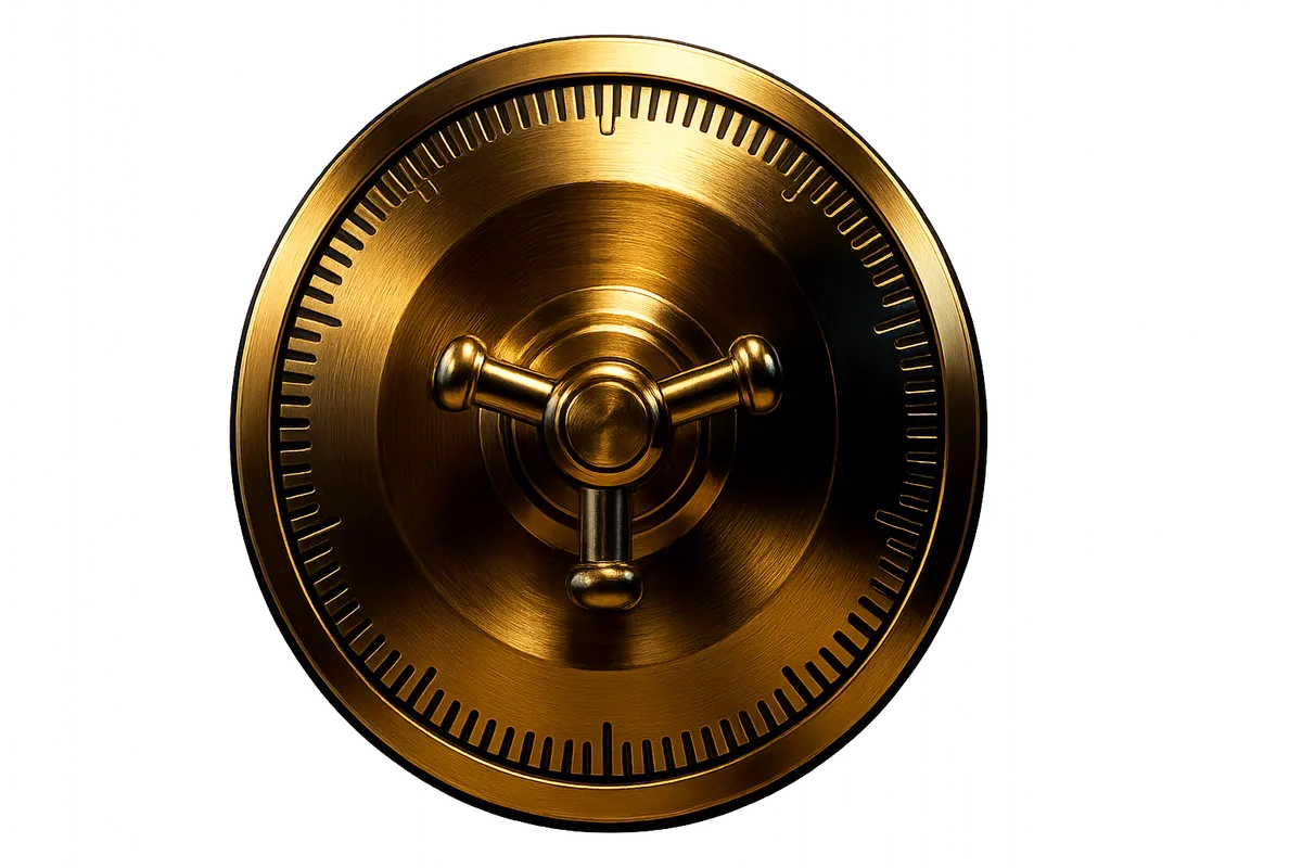 3D render of a locked heavy gold vault dial mechanism on dark obsidian stone