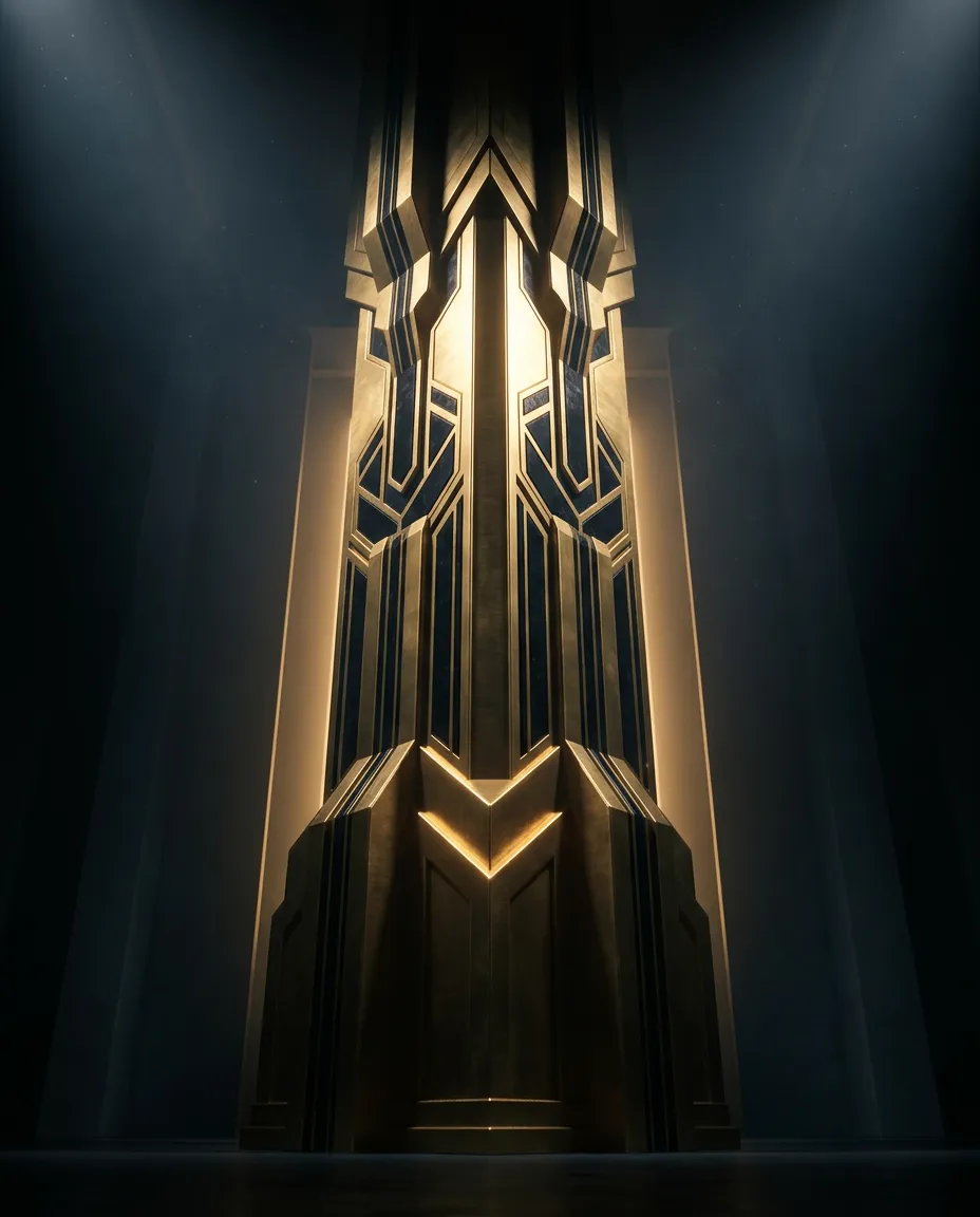 Abstract 3D architectural gold pillar emerging from pure darkness