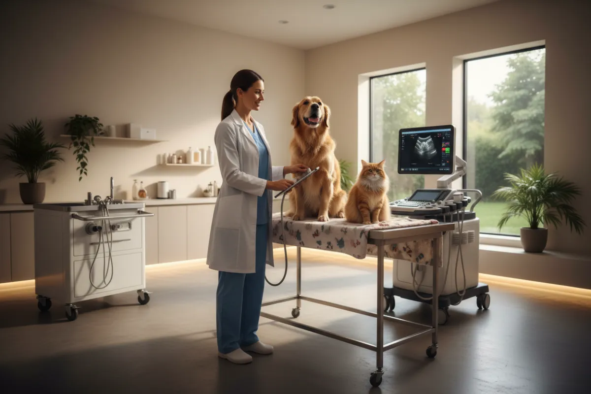 Veterinary technician caring for a happy dog, natural lighting, centered, web-optimized