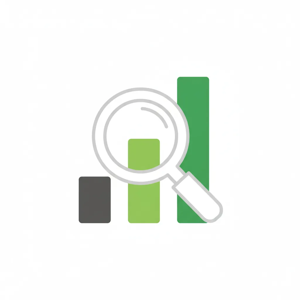 Flat icon of a magnifying glass over a bar chart, symbolizing financial insight, with green and gray tones on a white background.
