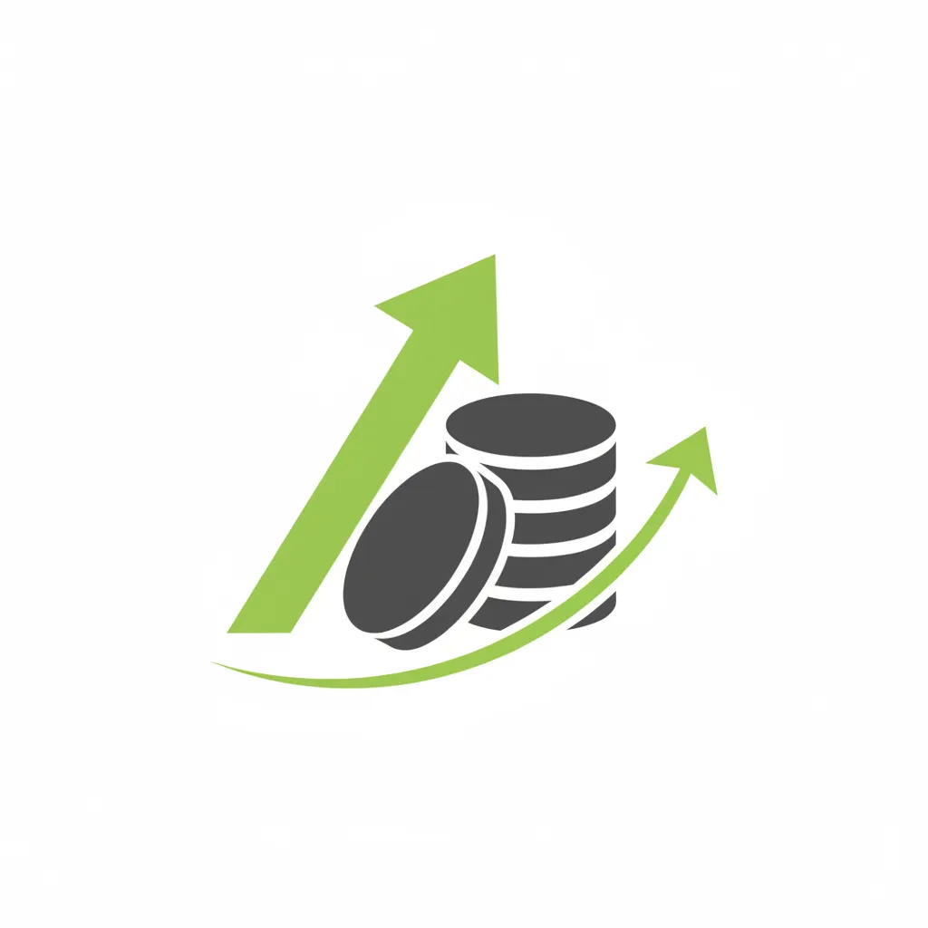Flat illustration of an upward arrow and stacked coins, symbolizing increased rental income, in green and gray on white.