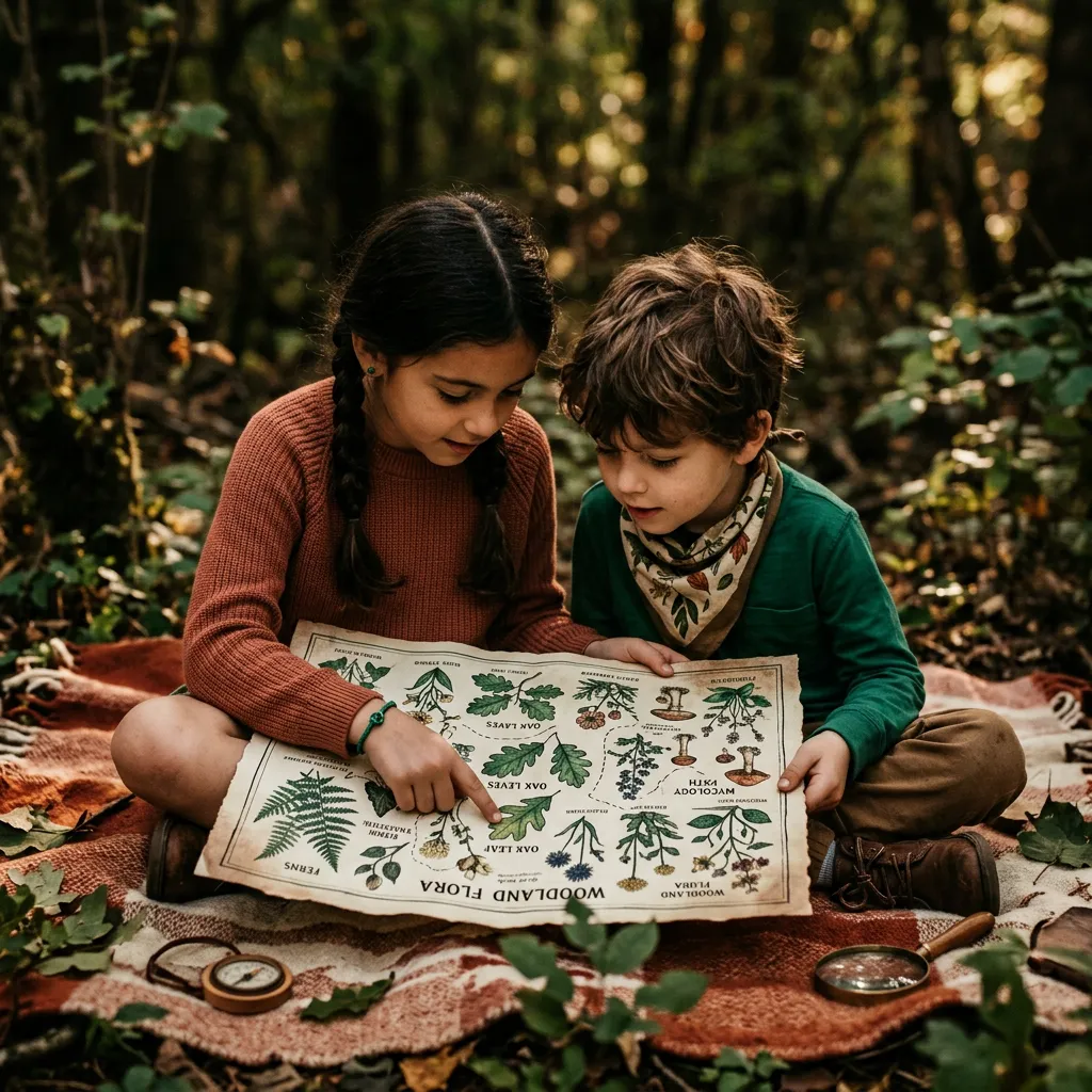 Two siblings excitedly collaborating on an illustrated botanical map
