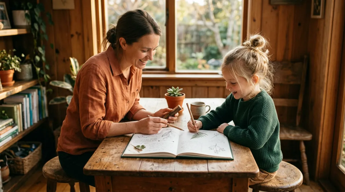 Sun-drenched parent and child collaborating on a nature exploration journal