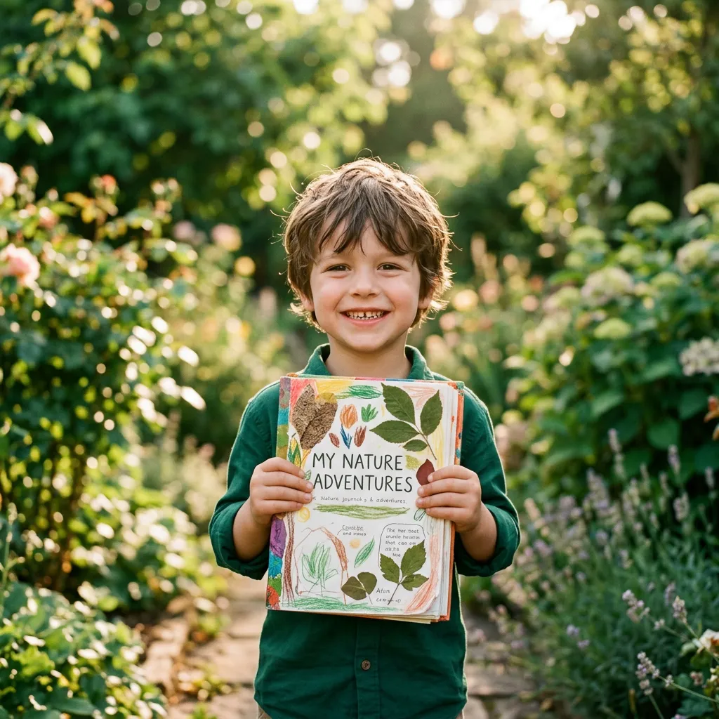 Smiling child proudly holding an outdoor nature journal during family discovery time