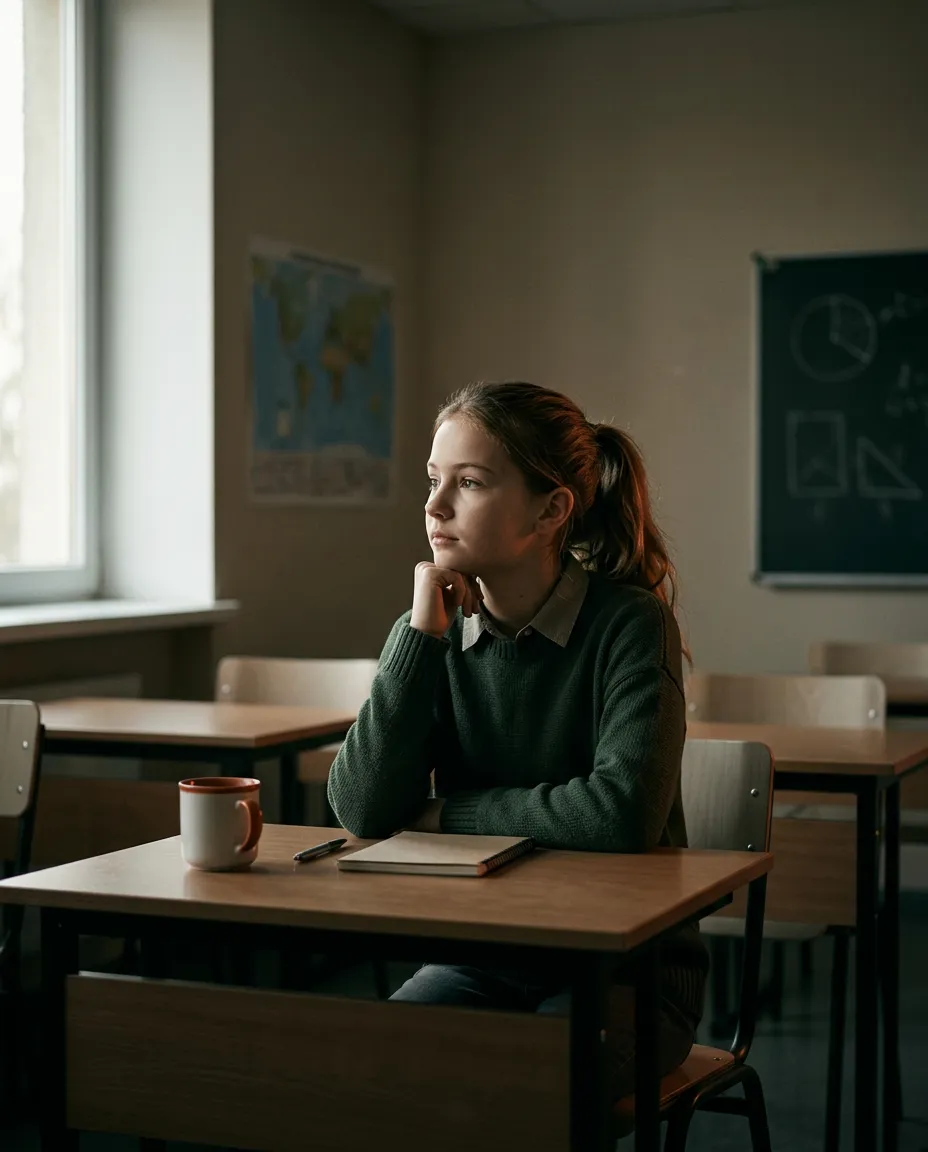 A young student looking uninspired and constrained at a sterile grey classroom desk