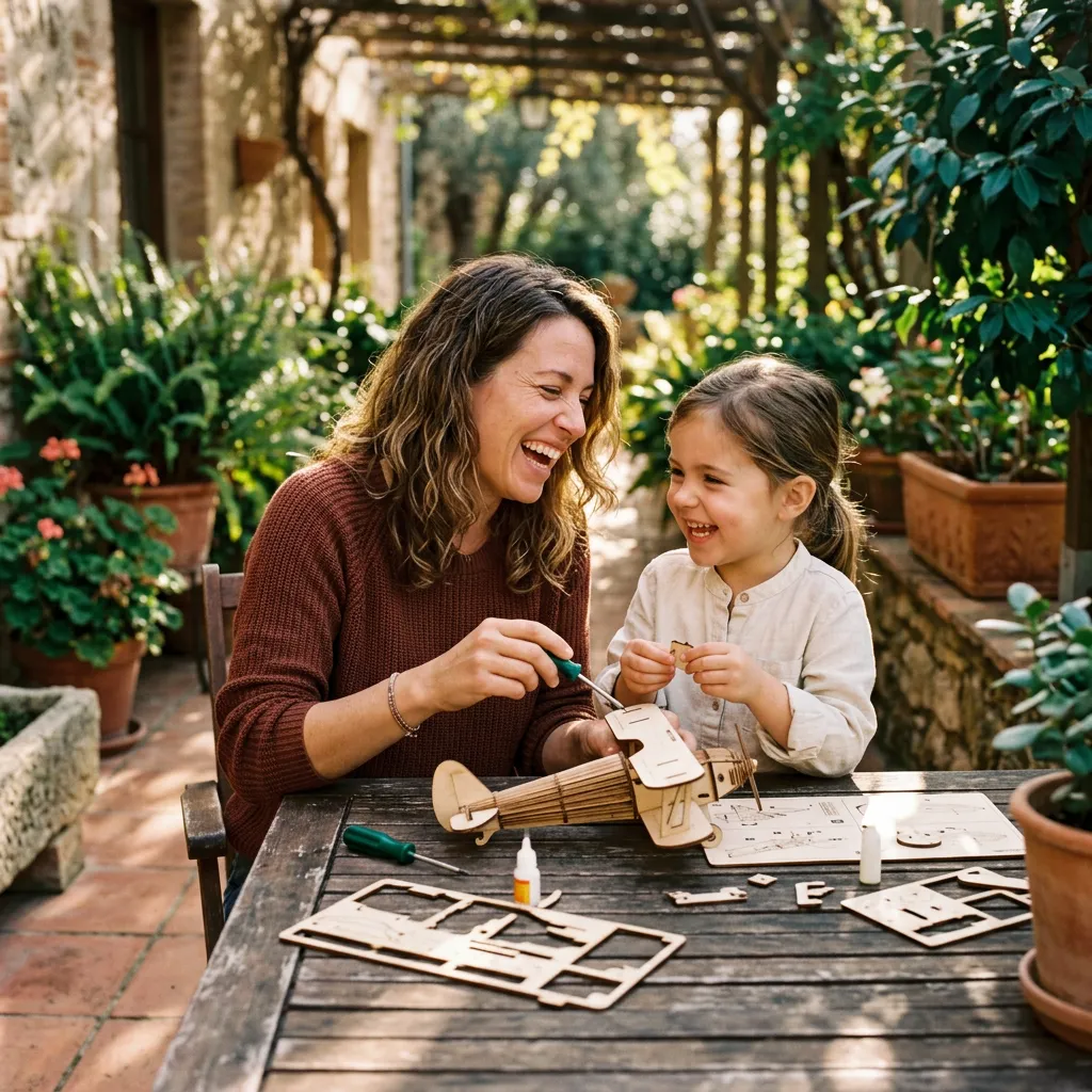 Father and daughter laughing together while building a wooden model project
