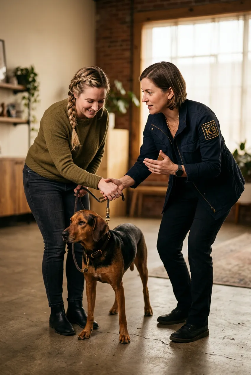 Trainer coaching dog owner on proper leash tension mechanics and body language