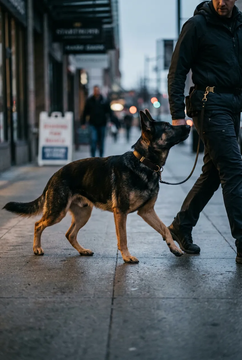 German Shepherd in focused heel work during urban downtown distraction drill