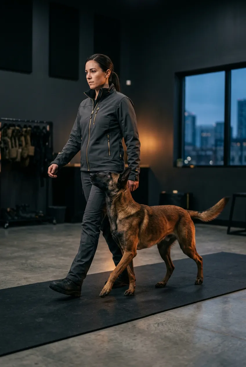 Tactical Belgian Malinois executing off-leash heel drill with handler