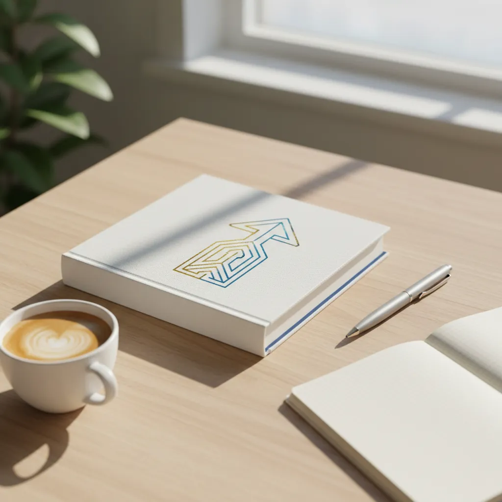 A hardcover eBook titled 'Financial Growth Guide' on a wooden table, surrounded by a pen, notepad, and a cup of coffee. The setting is bright and inviting, with natural light and a clean, modern style. 1:1 aspect ratio.