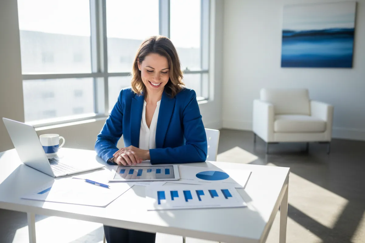 A confident small business owner reviewing financial charts in a modern office, sunlight streaming through large windows, with a laptop and paperwork on the desk. The scene conveys optimism and professionalism, with a blue and white color palette. 3:2 aspect ratio.