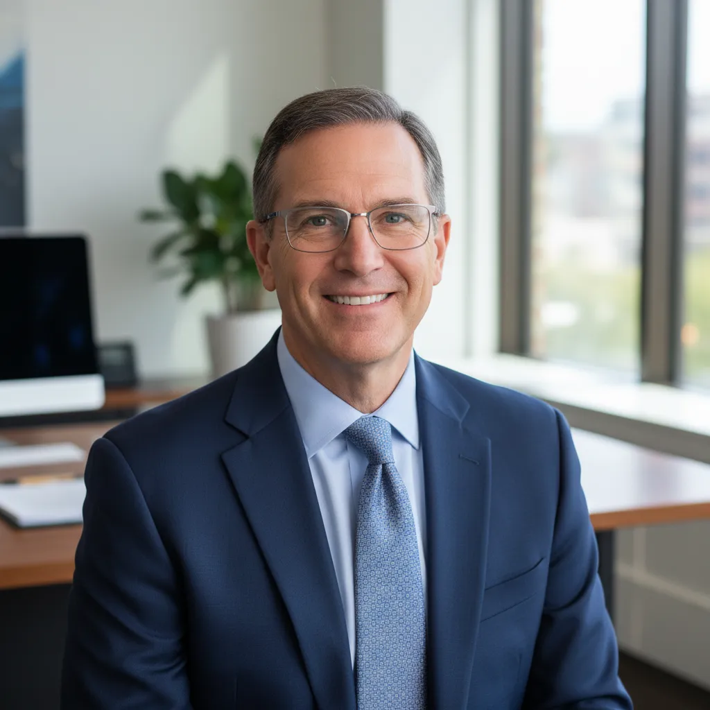 Portrait of a middle-aged male financial advisor with glasses, wearing a navy suit and light blue shirt, smiling confidently in a bright office. 1:1 aspect ratio.