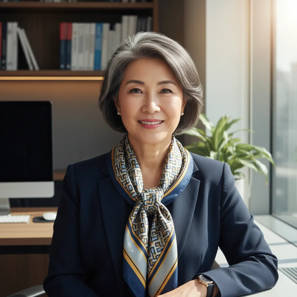 Portrait of an older Asian woman, financial strategist, with short hair and a patterned scarf, smiling gently in a sunlit office. 1:1 aspect ratio.