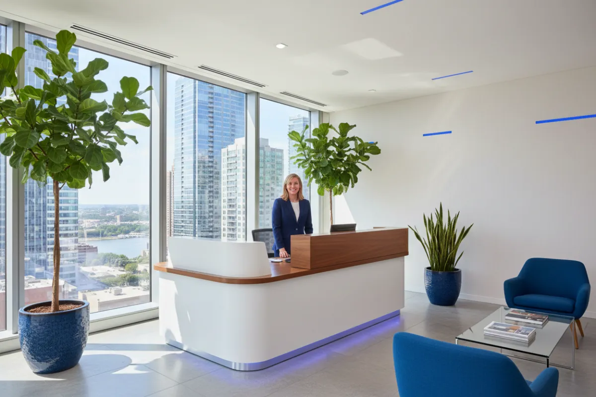 A modern office reception area with a welcoming desk, potted plants, and a large window overlooking the city. The space is bright, organized, and professional, with blue accents and natural light. 3:2 aspect ratio.